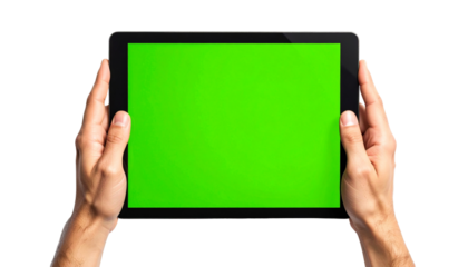 Hands Using Pinch to Zoom on Green Screen Tablet isolated on solid white background 