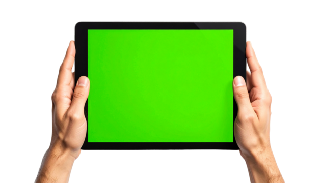 Hands Using Pinch to Zoom on Green Screen Tablet isolated on solid white background 