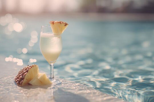 refreshing cocktail named fruit fantasy placed at edge of pool with bright pineapple accent