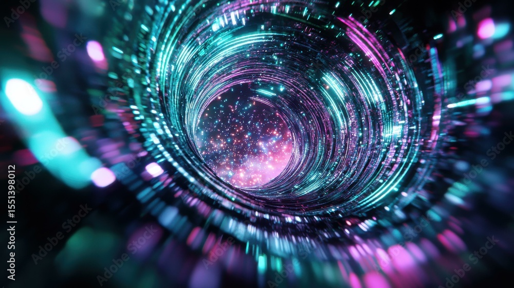 Poster abstract tunnel with swirling light patterns in digital space
