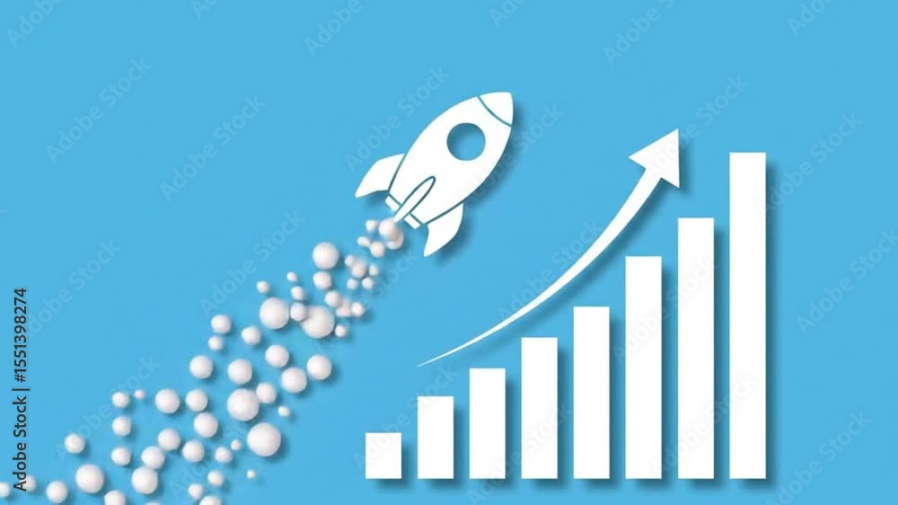 Poster white paper rocket launch with bar graph displaying business growth on light blue backdrop for minim
