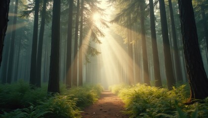 Fototapeta premium Sunbeams shining through trees on a peaceful forest path