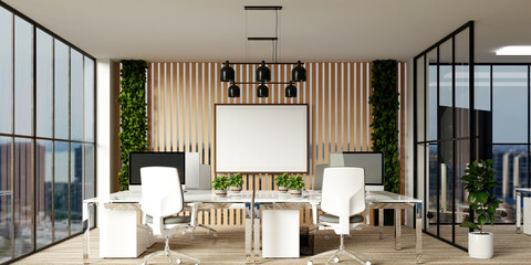 Sustainable office interior design promoting eco-friendly workspaces. 3D render illustration