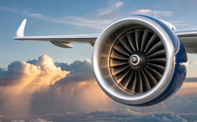 Aircraft Engine Closeup Against a Stunning Sunrise Sky