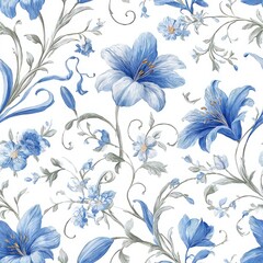 Intricate Blue Floral Pattern on White Background with Detailed Design