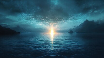 Serene sunset over ocean and mountains during twilight