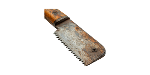 Rusty Vintage Saw Blade With Wooden Handle. Antique Tool For Carpentry And Restoration Projects Isolated On Transparent Background