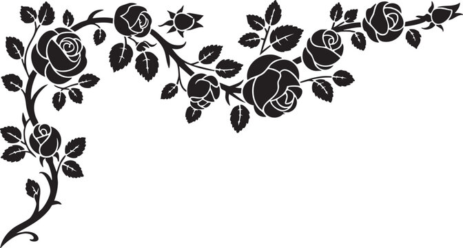 Elegant black silhouette of a rose vine with leaves and buds in a corner design