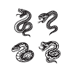 Venomous snakes with open mouths in black and white style perfect for edgy tattoo designs, stickers, or apparel branding