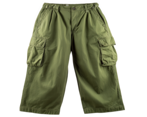Green cargo pant military style cotton fabric relaxed fit multiple pocket casual wear isolated on transparency background utilitarian outdoor clothing comfortable