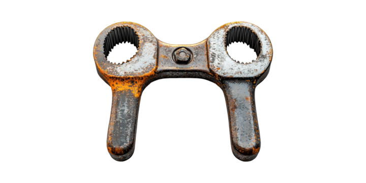 Rusty Double-Ended Wrench. Vintage Tool Symbolizing Industrial Heritage Isolated On Transparent Background
