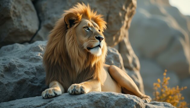 Majestic lion resting on rocks in serene outdoor setting - Powered by Adobe