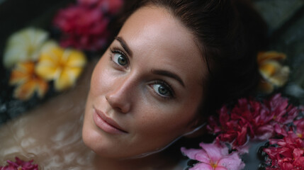 Woman in bath tube with flowers.