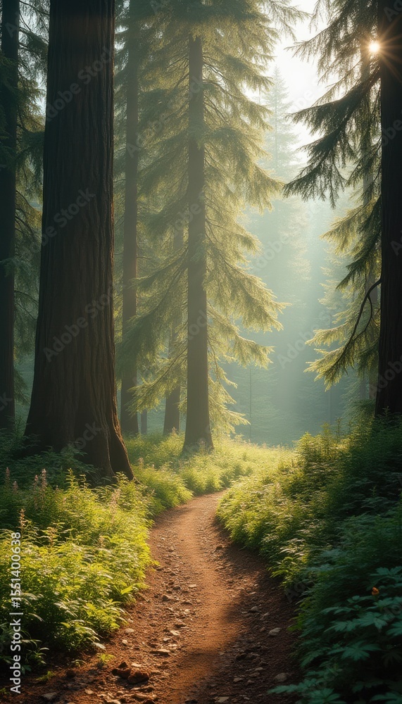 Poster serene forest path with sunlight filtering through coniferous trees