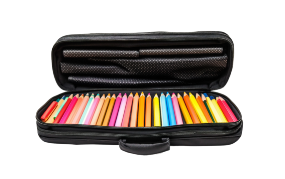 Open pencil case revealing colorful pens and stationery essentials arranged for creativity and organization isolated on transparent background PNG