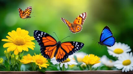 Fototapeta premium Close-up of vibrant orange, blue, and yellow butterflies fluttering around bright yellow and white daisies in natural green background