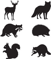 Collection of forest animal silhouettes including deer, wolf, fox, squirrel, raccoon and hedgehog