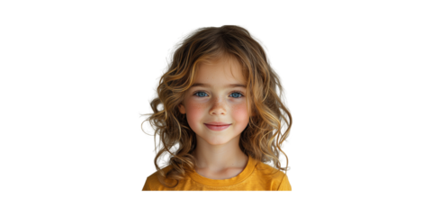 Young Girl Smiling In Yellow Shirt. Portrait Of Childhood Innocence And Joy Isolated On Transparent Background