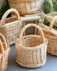 Collection of empty woven wicker baskets with handles arranged on a table with natural lighting and neutral background