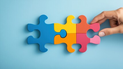 Fototapeta premium Colorful interlocking puzzle pieces assembled on light blue background with human hand placing the final piece