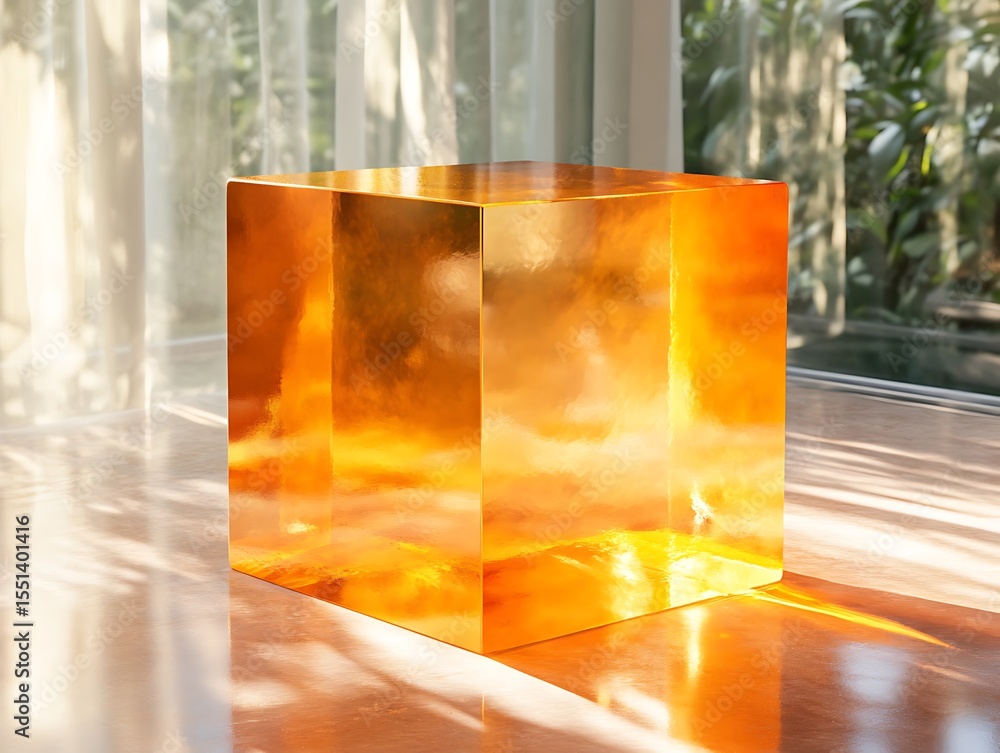 Poster reflective cube displaying nature inside with sunlight and interior design