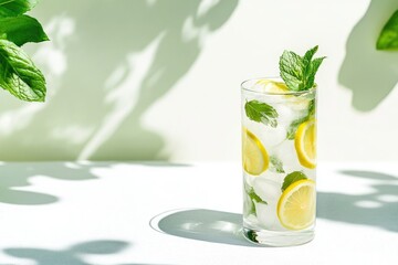 Fototapeta premium Refreshing lemon mint summer drink with ice in sunlit garden setting