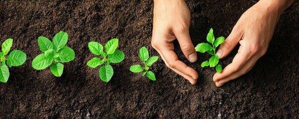Hands nurturing young green seedlings growing in rich dark soil showing plant growth stages and gardening care