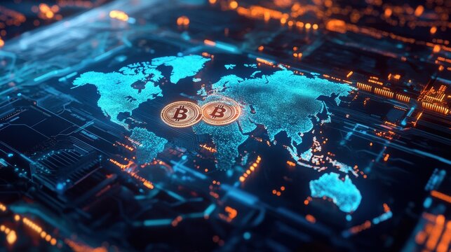 Two cryptocurrency coins on digital circuit board map at night