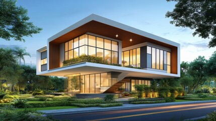 Fototapeta premium Modern two-story cantilevered house with large floor-to-ceiling surrounded by lush greenery and evening lighting