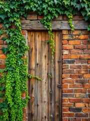 Weathered brick wall with ivy vines crawling up it and a few old wooden beams scattered around