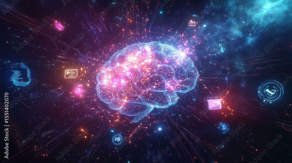 Aufkleber glowing human brain with data streams in abstract digital space