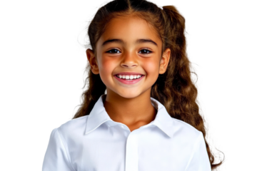 Cheerful young girl with curly hair wearing a white shirt, smiling brightly, standing against a solid background conveying happiness and innocence through her expression