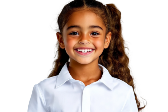 Cheerful young girl with curly hair wearing a white shirt, smiling brightly, standing against a solid background conveying happiness and innocence through her expression
