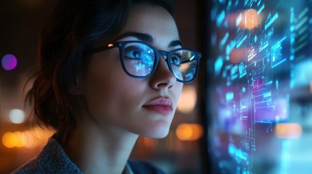 Young Caucasian woman focused on data screen at night