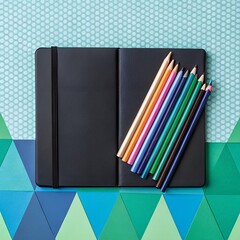  Black Notebook or Portfolio with Fanned Colored Pencils
