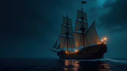 A large sailing ship at night.
