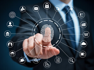 Professional hand touches central fingerprint on dark virtual network with white tech icons linked in radial pattern.