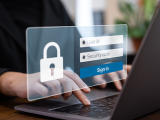 Modern login interface with padlock icon floating over laptop, hands typing below, secure and tech-focused design.
