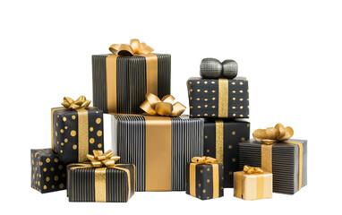 Pile of gift boxes wrapped in black and gold showcasing luxurious style and festive celebration spirit isolated on transparent background PNG