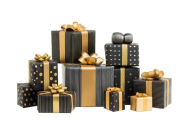 Pile of gift boxes wrapped in black and gold showcasing luxurious style and festive celebration spirit isolated on transparent background PNG