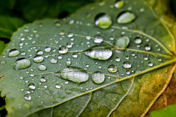 water droplets on a green leaf on a blurred green background with bokeh and highlights. colorful photo. close-up