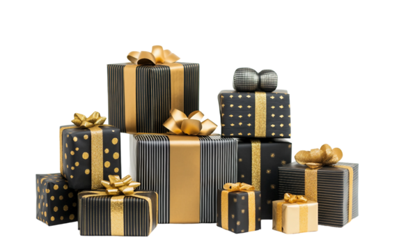 Pile of gift boxes wrapped in black and gold showcasing luxurious style and festive celebration spirit isolated on transparent background PNG