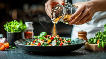 Close-up of hands sprinkling spices over fresh vegetable salad with herbs on dark textured surface in kitchen setting