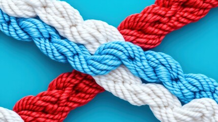 Close-up of intertwined red, white, and blue twisted ropes on a bright blue background symbolizing connection and strength