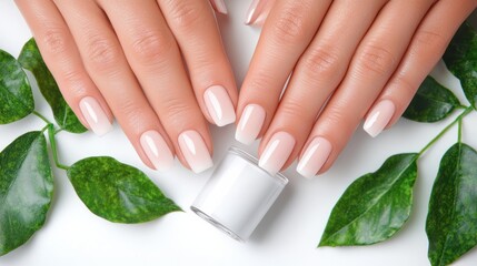 Close-up of manicured hands with glossy pale pink nail polish holding a white nail polish bottle surrounded by green leaves