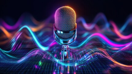 Abstract microphone with sound waves in vibrant digital environment