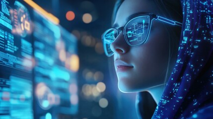 Contemplative young woman in hooded garment viewing data screen