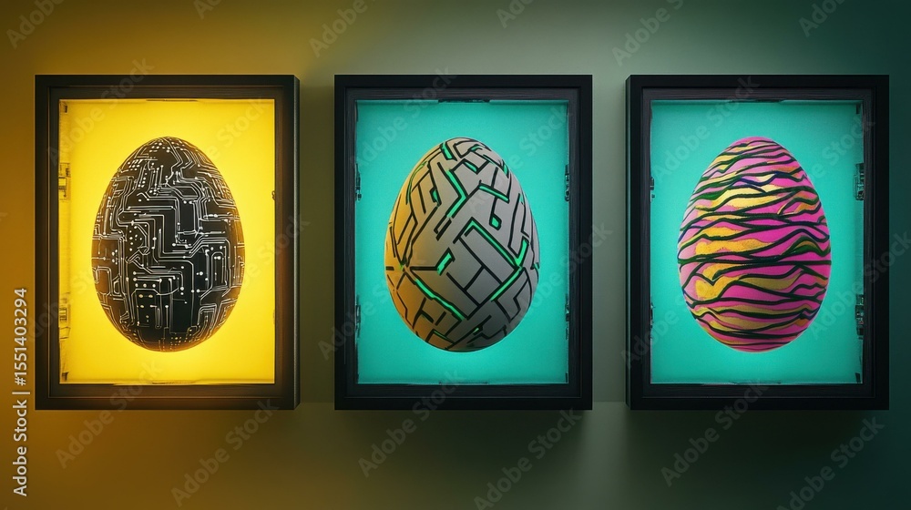 Poster three decorative eggs with unique patterns in art gallery