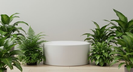 Minimalist white podium surrounded by lush greenery and ferns