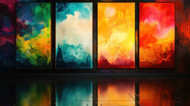 Four Colorful Abstract Paintings in Gallery at Night